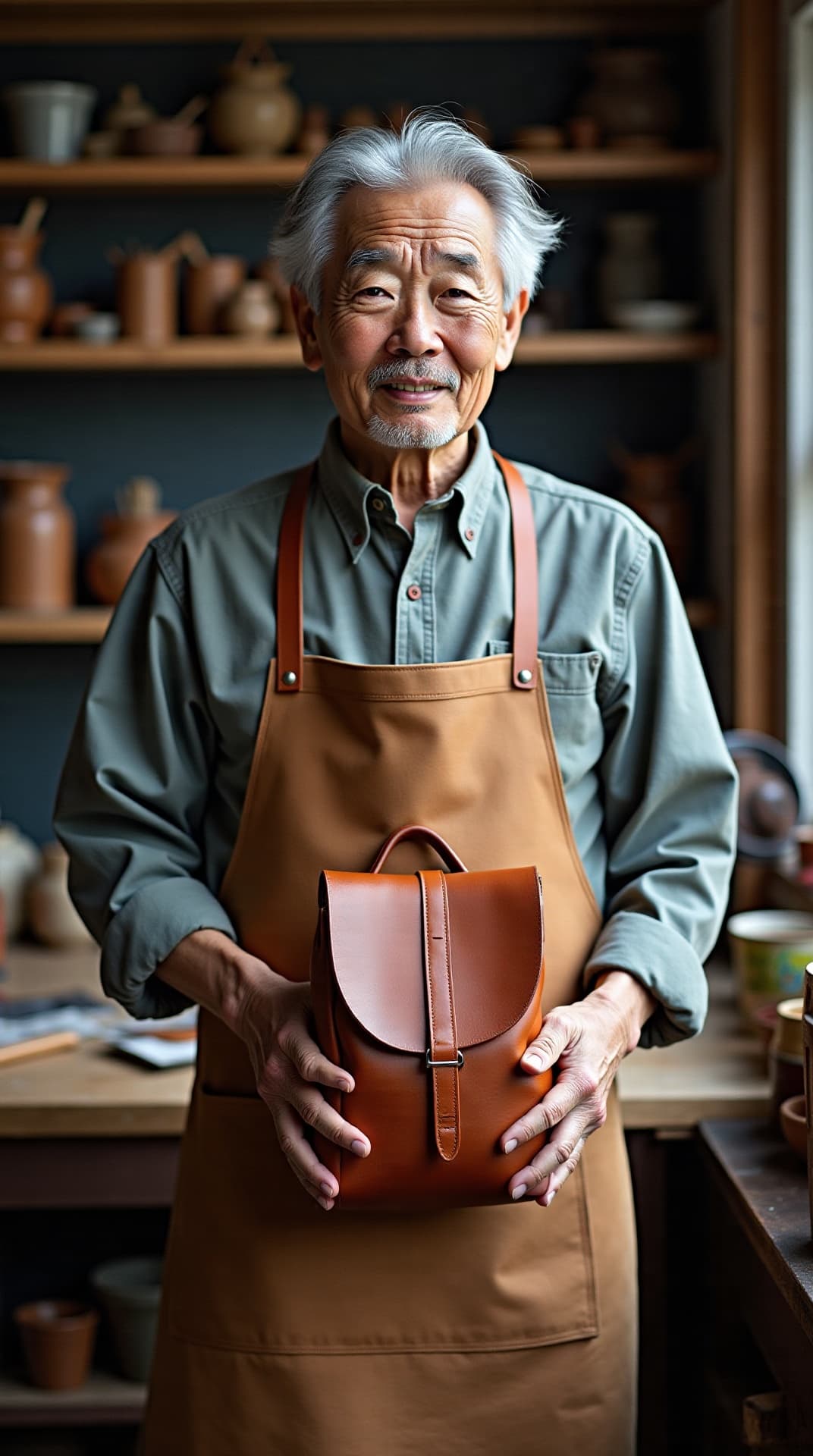 Hiroshi Tanaka, 34 years a master leather artisan at Murase Kabanko, holding a finished backpack.