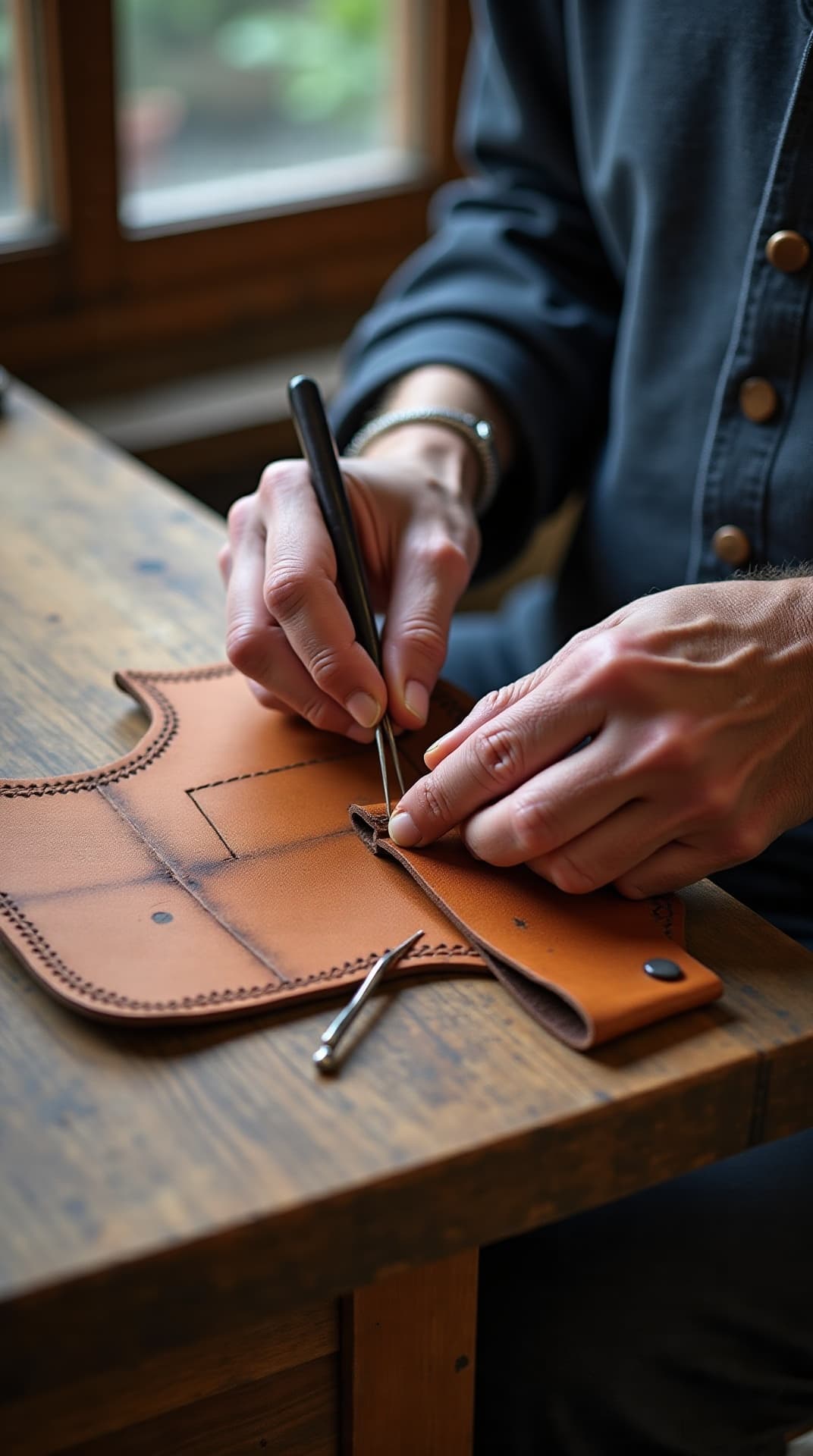 Hand saddle-stitching with two needles and waxed linen thread on full-grain leather — eight stitches per inch.