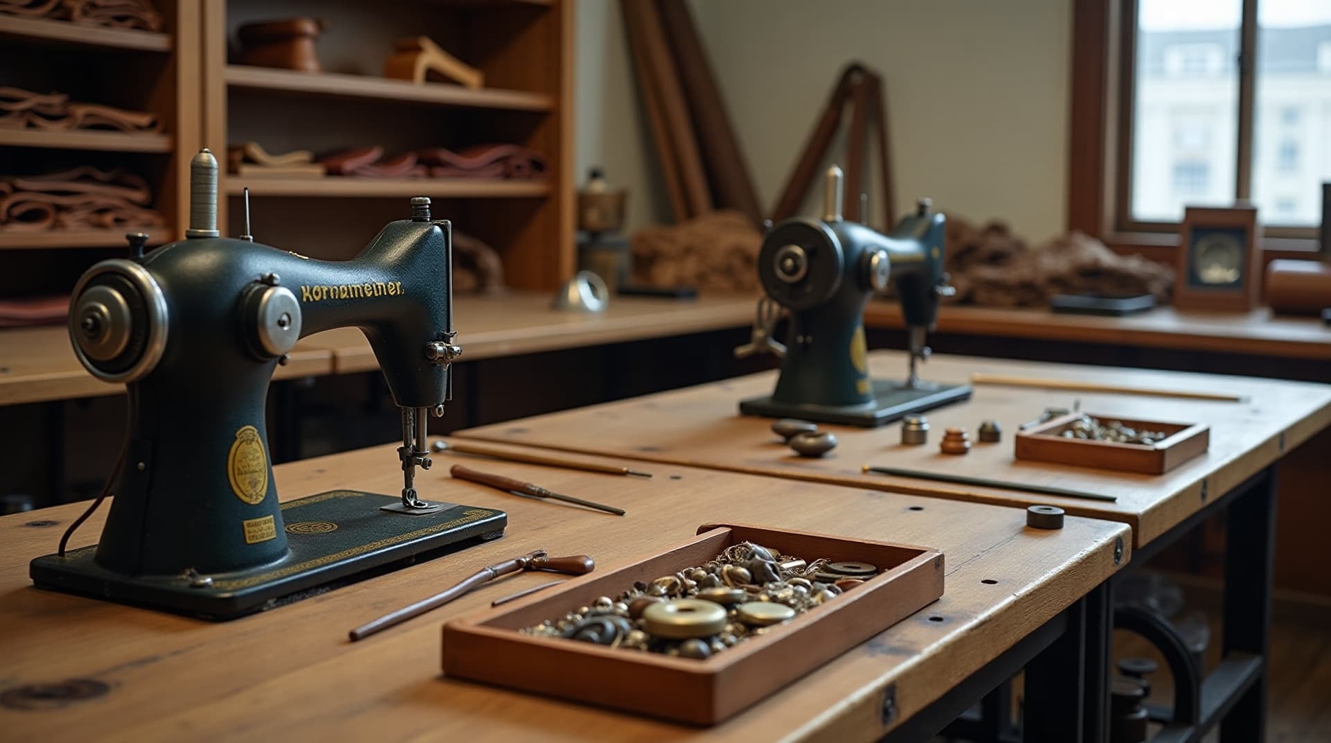 The Murase Kabanko atelier in Nagoya — workbenches, vintage Singer machines, rolls of vegetable-tanned leather.