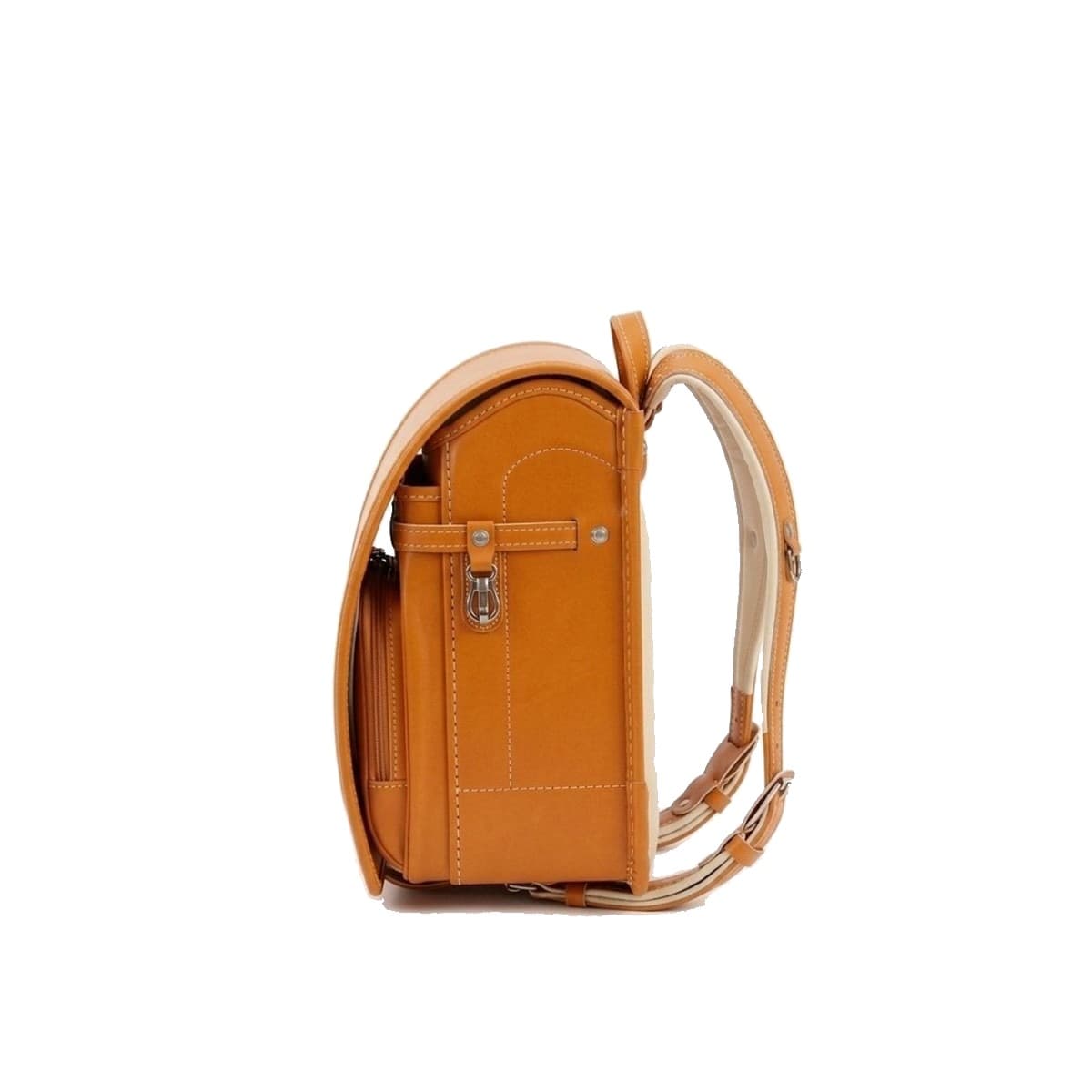 Side profile of the Original Randoseru showing the curved body and ribbed straps.