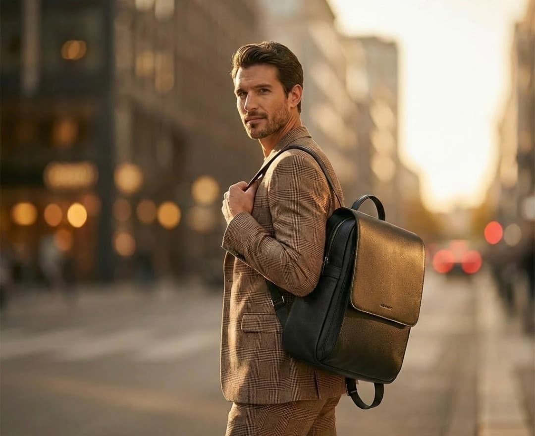 A man in a tailored tan suit carrying the Nagoya Executive leather backpack through the city at golden hour