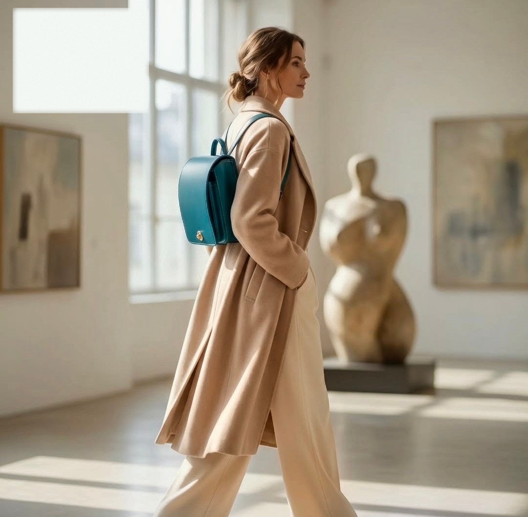 A woman in a beige coat walking through a sunlit museum gallery carrying a Zen Quality randoseru backpack