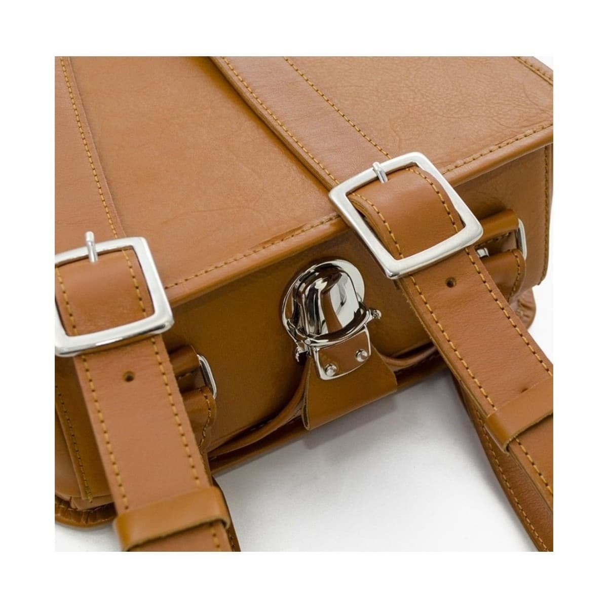 Bottom view of the Sufuria in Camel Tan showing the metal buckle closure beneath the bag.